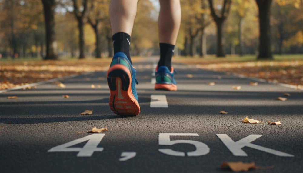 Chaussures de marche sur un chemin goudronné avec marquage au sol de distance