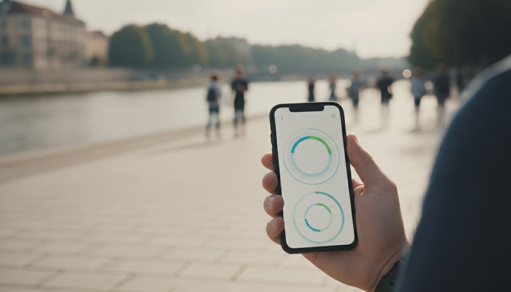 Personne consultant une application de suivi de marche sur son smartphone en extérieur
