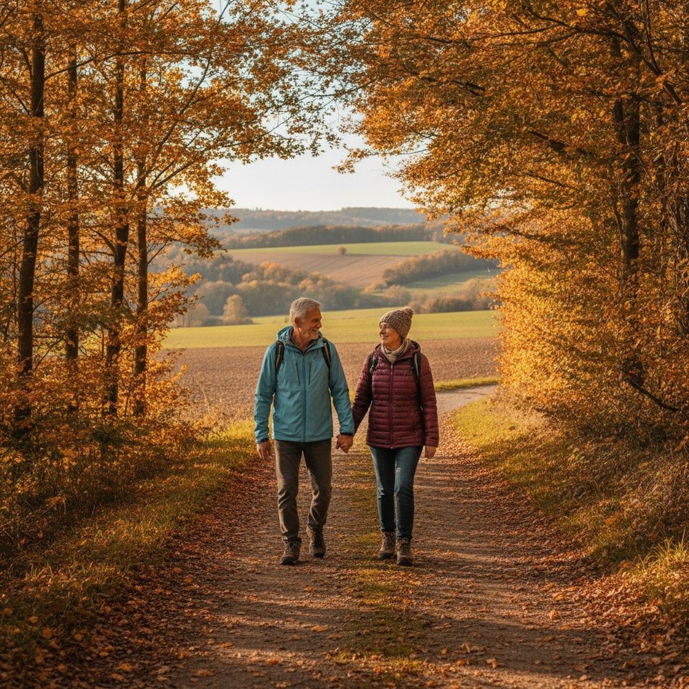 Couple senior marchant sur un sentier, activité physique douce et régulière
