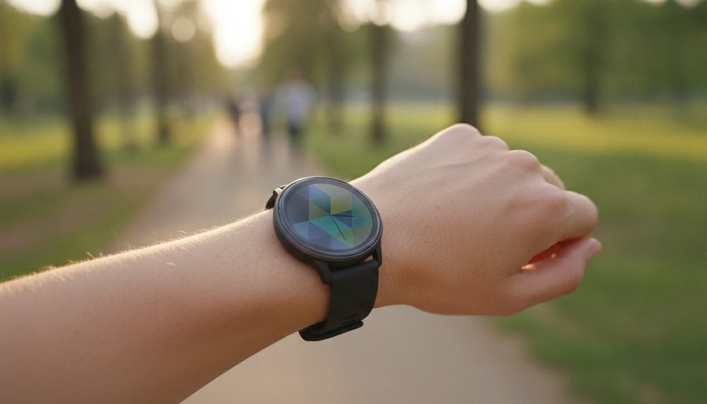 Femme marchant en extérieur avec une montre connectée qui compte ses pas