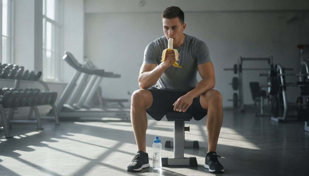 Sportif mangeant une banane après l'entraînement pour recharger le glycogène