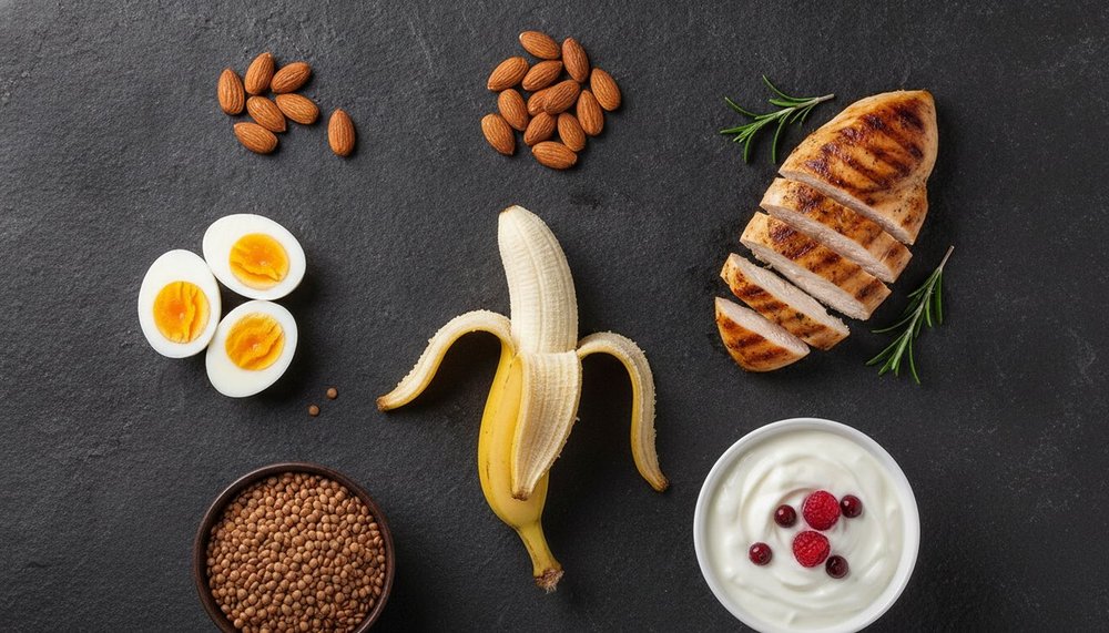 Aliments riches en protéines autour d'une banane : œufs, poulet, lentilles, amandes, yaourt