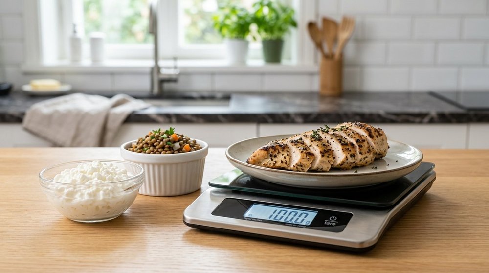 Portion de 100 g de poulet et bol de fromage blanc avec lentilles, exemple visuel d'apport protéique