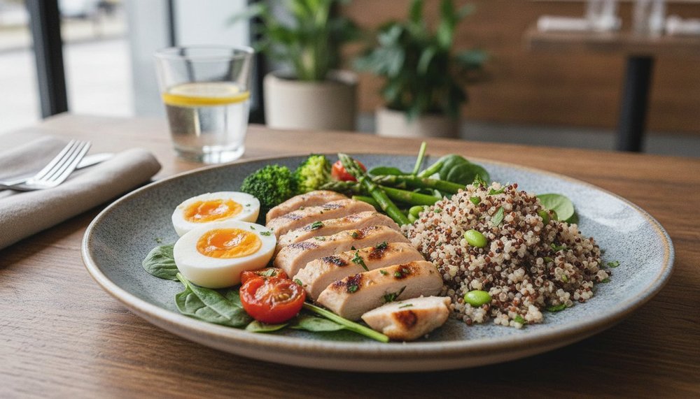 Assiette équilibrée riche en protéines avec poulet grillé, œufs et légumes pour couvrir les besoins quotidiens