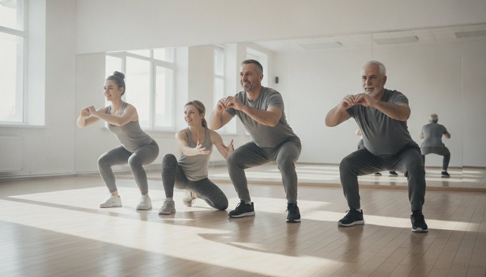 Coach corrigeant la posture de squat d'un petit groupe en salle de sport