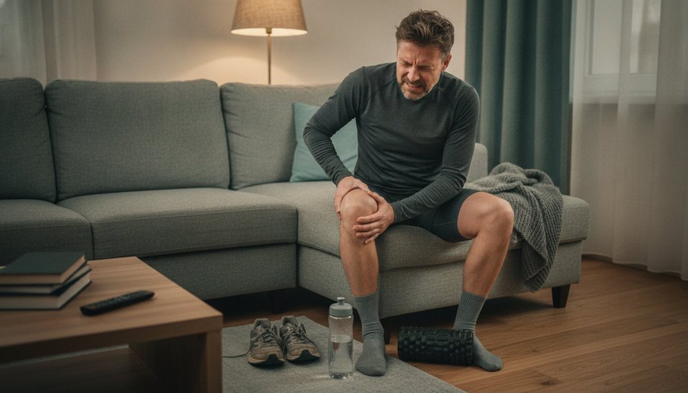 Homme massant sa cuisse après une séance de squats, récupération musculaire