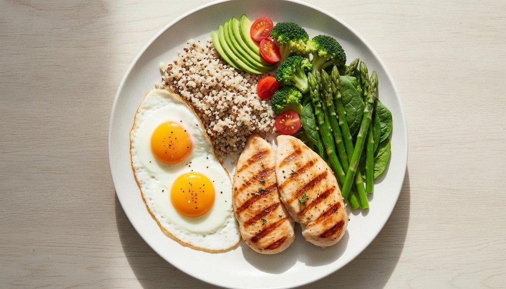 Assiette equilibree riche en proteines et legumes pour relancer la perte de poids