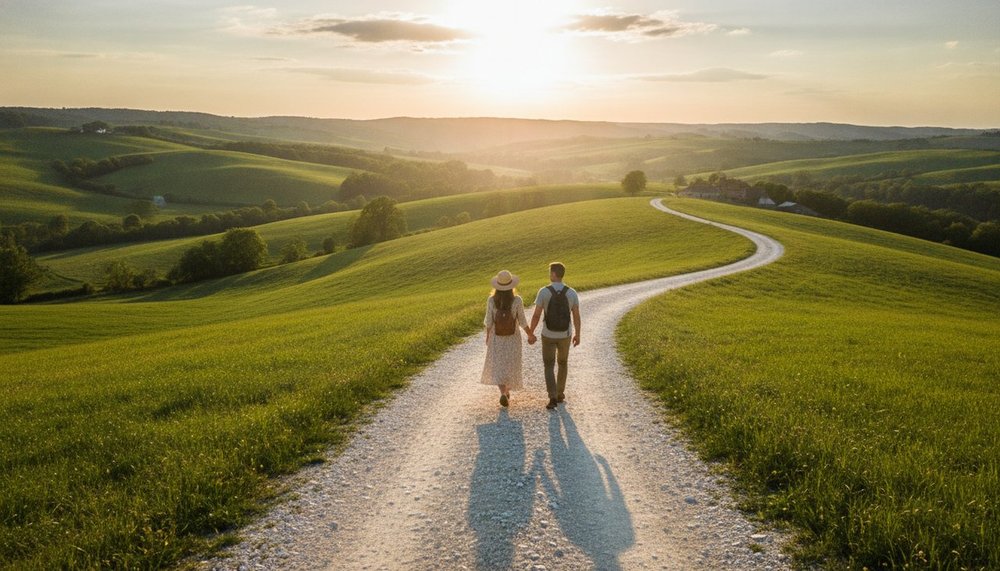 Couple marchant sur un chemin de campagne en montée