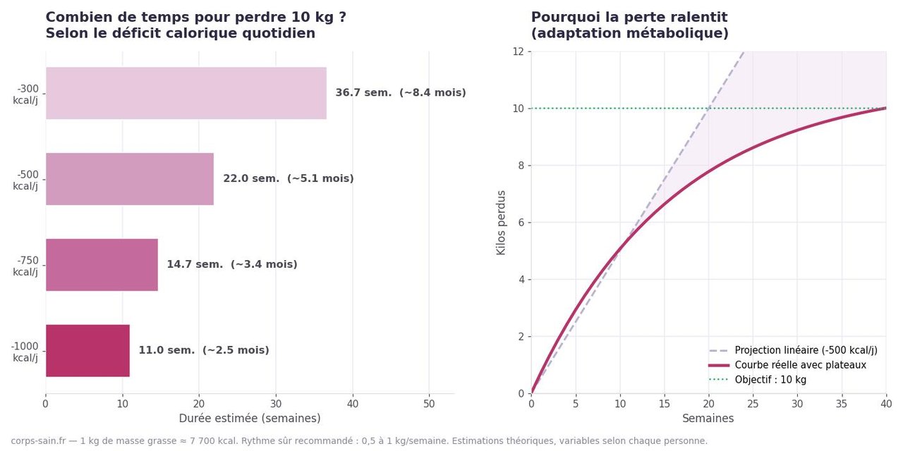 Infographie : combien de temps pour perdre 10 kg selon le déficit calorique quotidien