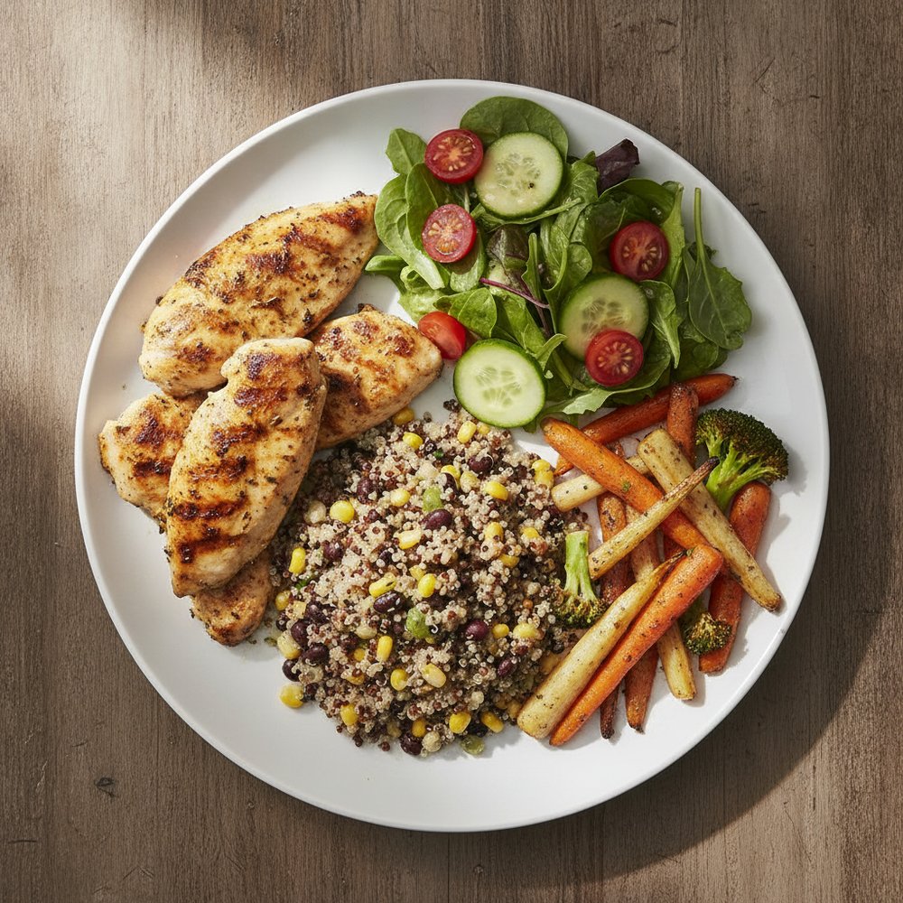 Assiette équilibrée avec protéines, quinoa et légumes rôtis