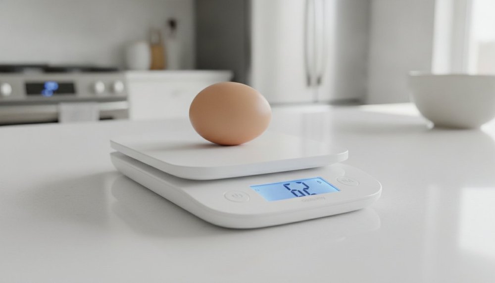 Œuf posé sur une balance de cuisine pour connaître son poids