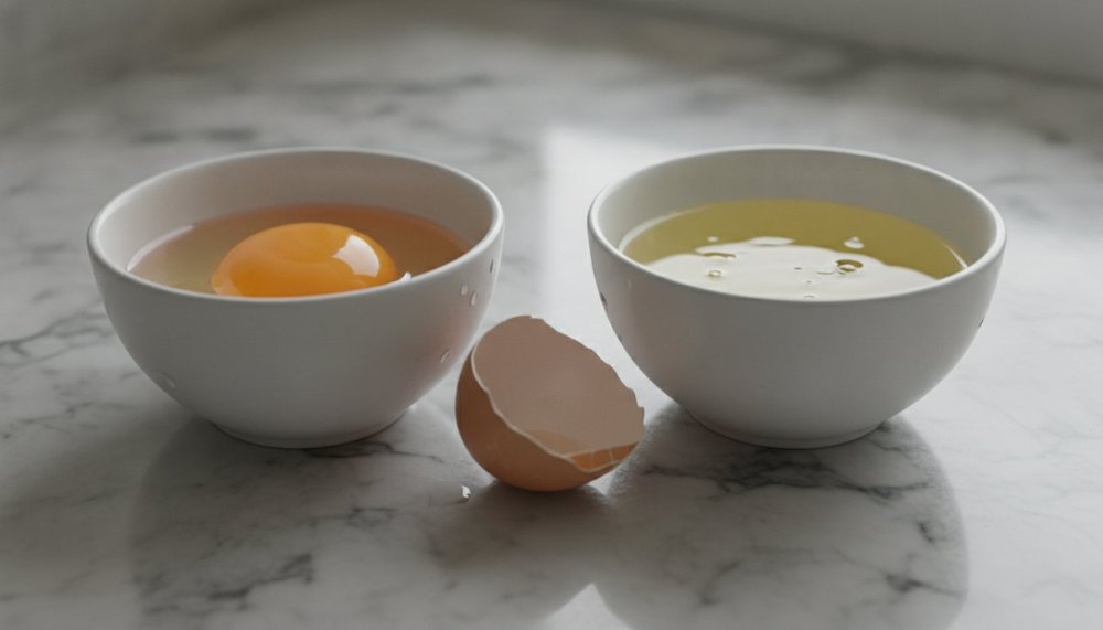 Blanc et jaune d'œuf séparés dans deux bols à côté de la coquille