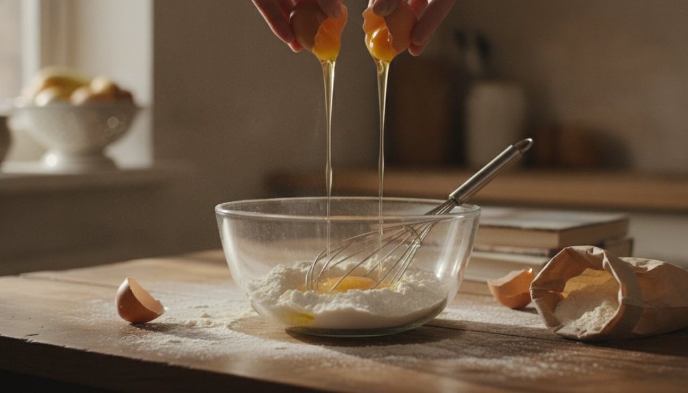Œufs cassés dans un saladier avec de la farine pour une recette