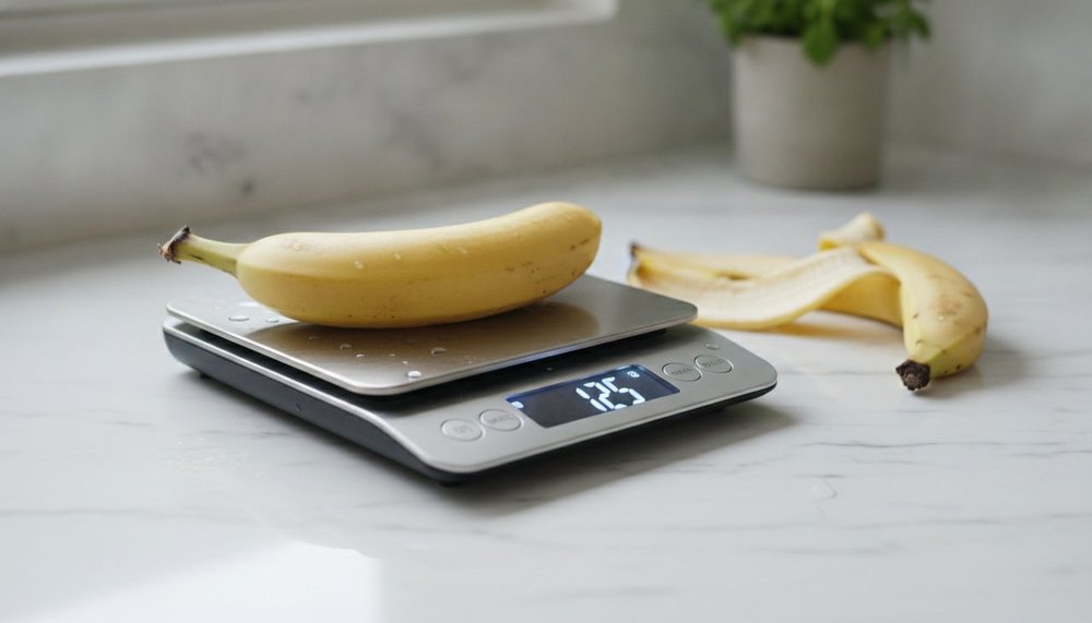 Poids d'une banane avec et sans peau sur une balance de cuisine