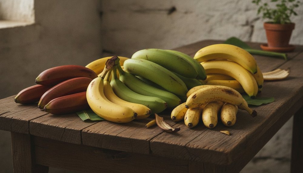 Différentes variétés de bananes : plantain, frecinette, banane rouge et Cavendish