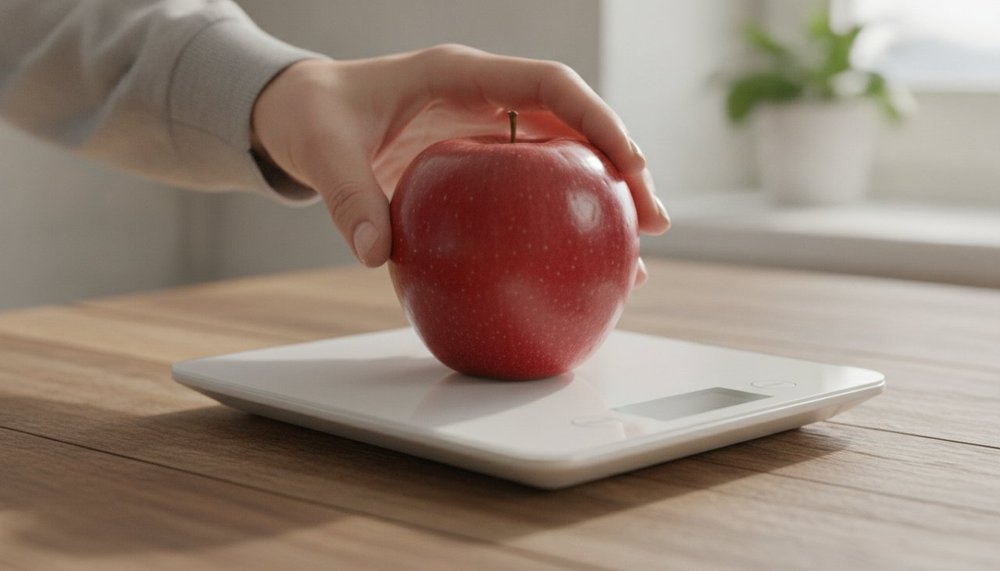 Pomme rouge posée sur une balance de cuisine digitale pour connaître son poids