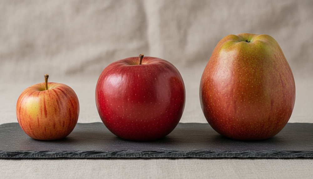 Trois pommes de calibres différents alignées pour comparer leur taille et leur poids