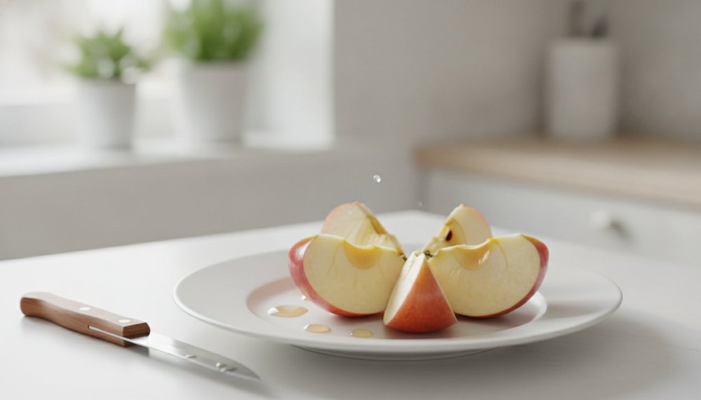 Pomme coupée en quartiers sur une assiette blanche avec le trognon retiré