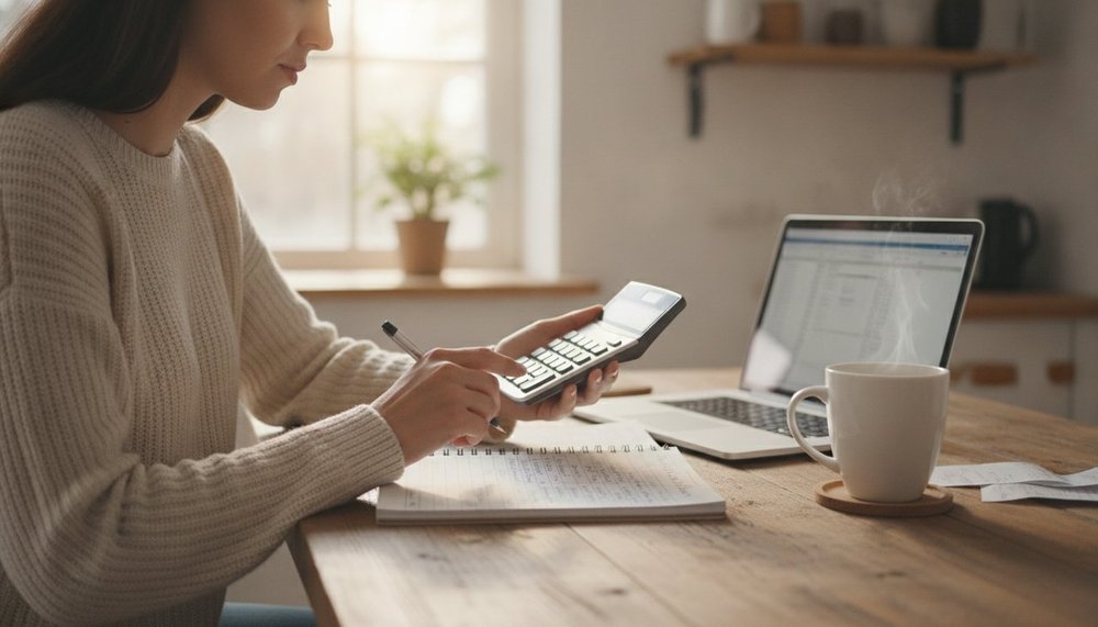 Femme calculant son budget alimentaire mensuel avant de souscrire un programme minceur