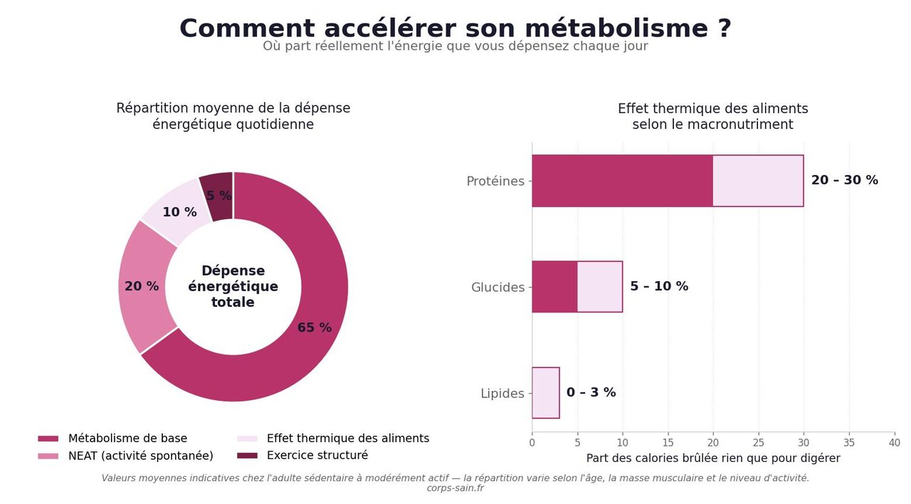 Infographie de la répartition de la dépense énergétique quotidienne et de l'effet thermique des macronutriments