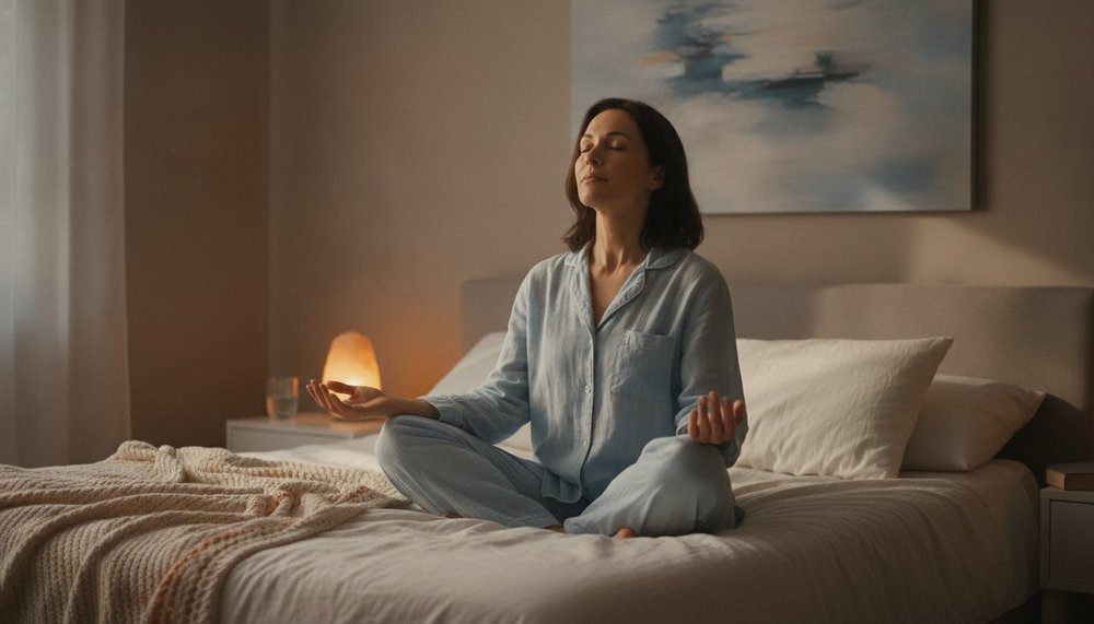 Personne pratiquant des étirements doux et de la respiration le soir