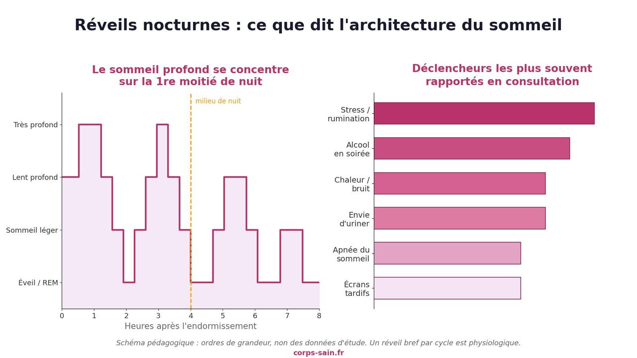 Infographie architecture du sommeil et causes des reveils nocturnes