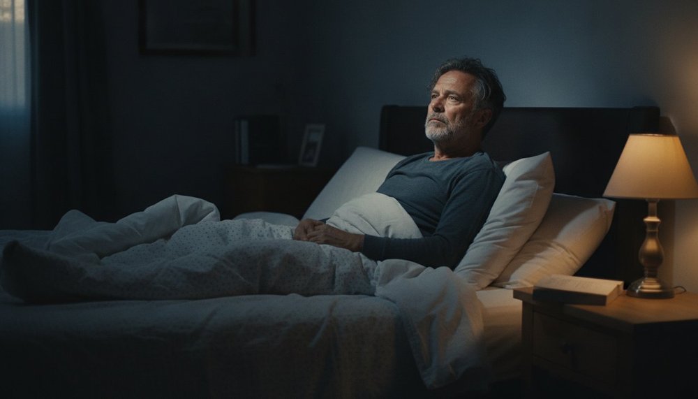 Homme reveille la nuit dans une chambre sombre, incapable de se rendormir
