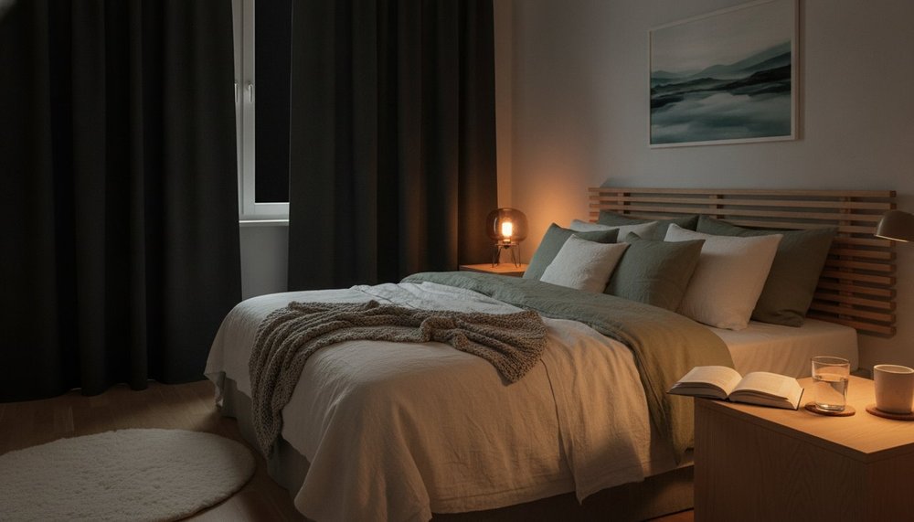 Chambre preparee pour la nuit avec rideaux occultants et lumiere tamisee