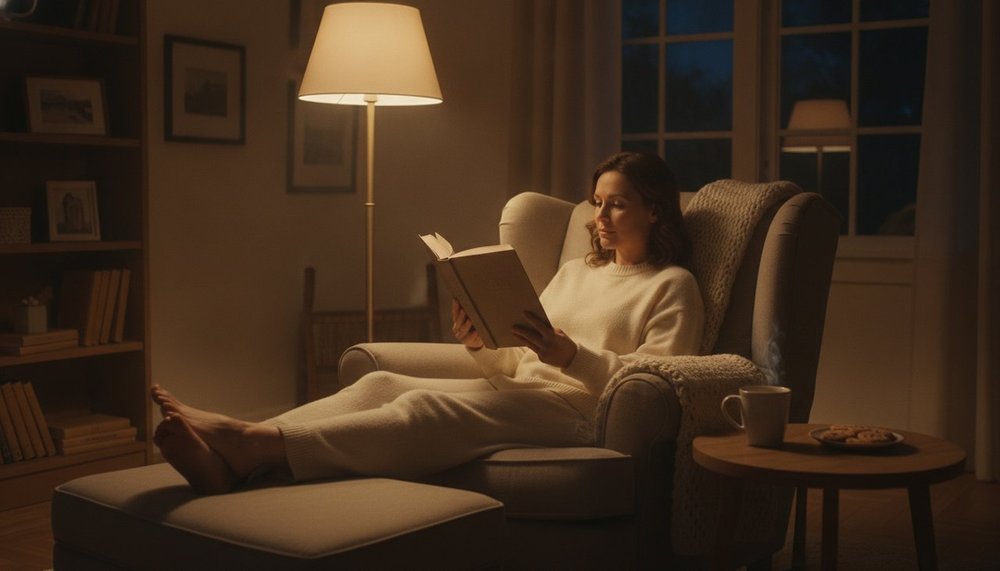 Femme lisant calmement en soiree sous une lumiere tamisee avant le coucher