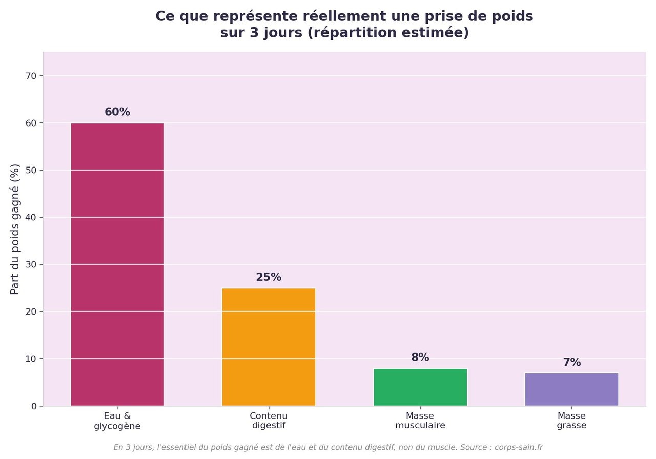 Répartition du poids gagné en 3 jours : eau, glycogène, muscle, graisse