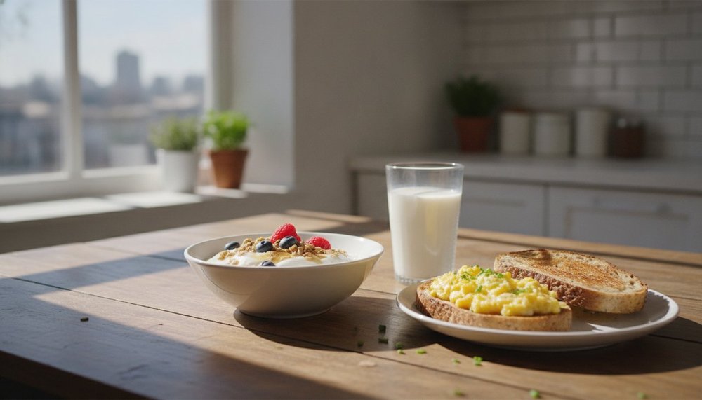 Petit-déjeuner protéiné : yaourt grec, œufs brouillés sur pain complet et verre de lait