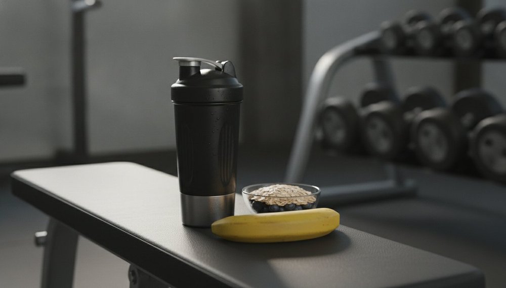 Shaker de whey, banane et flocons d'avoine sur un banc de salle de sport