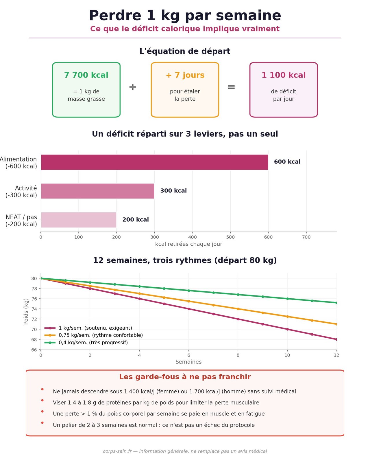 Infographie : comment perdre 1 kg par semaine, calcul du déficit calorique et garde-fous