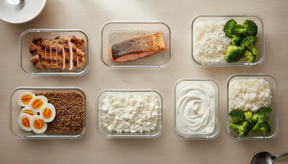 Aliments riches en protéines pour prendre du muscle : poulet, saumon, œufs, fromage blanc, lentilles