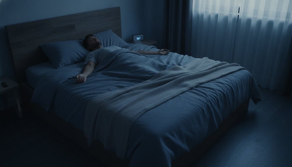 Homme détendu allongé sur le dos dans un lit, chambre sombre, pratiquant la méthode militaire pour s'endormir
