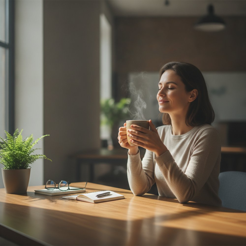 Personne faisant une pause thé au calme pour apaiser son énervement au travail