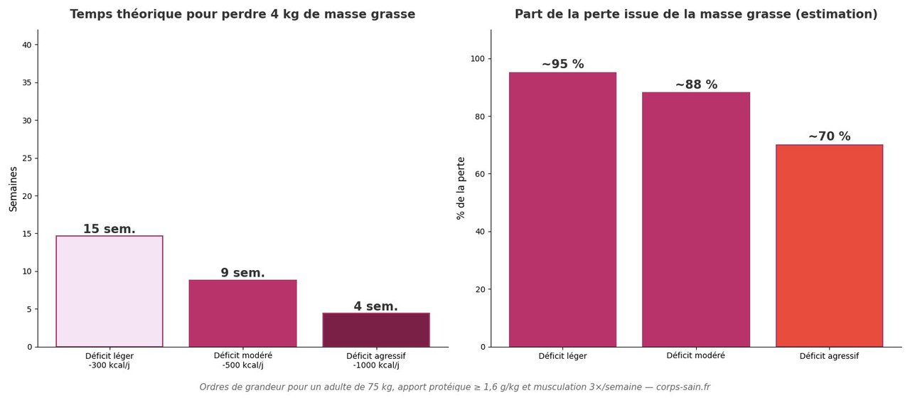 Infographie : durée pour perdre 4 kg de graisse et part de masse grasse dans la perte selon le déficit calorique
