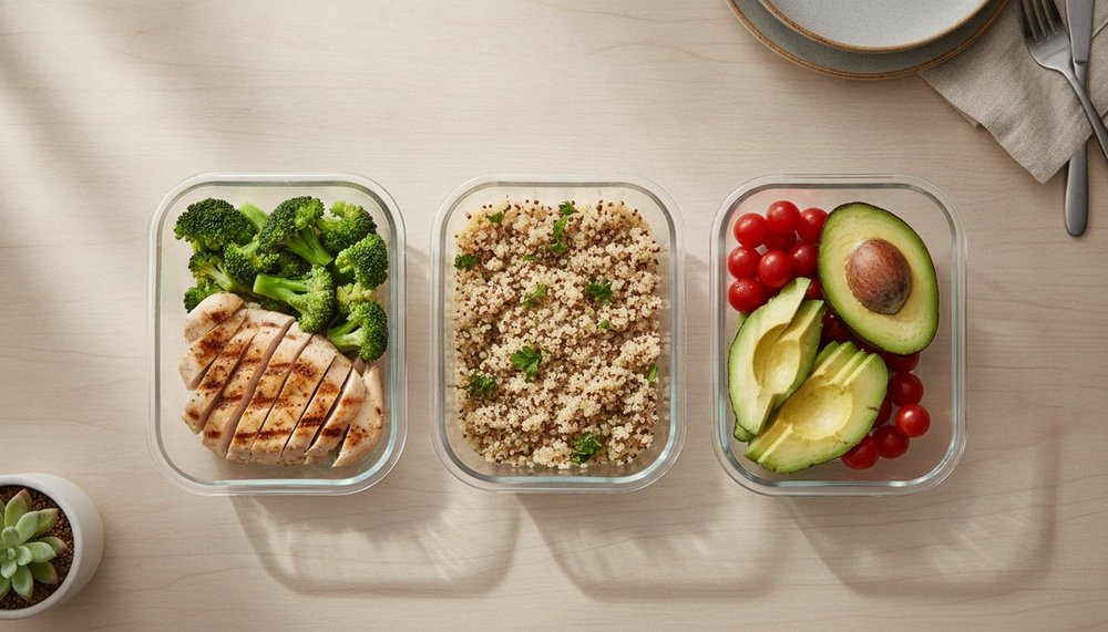 Meal prep de sèche : poulet grillé, brocoli, quinoa et avocat en boîtes