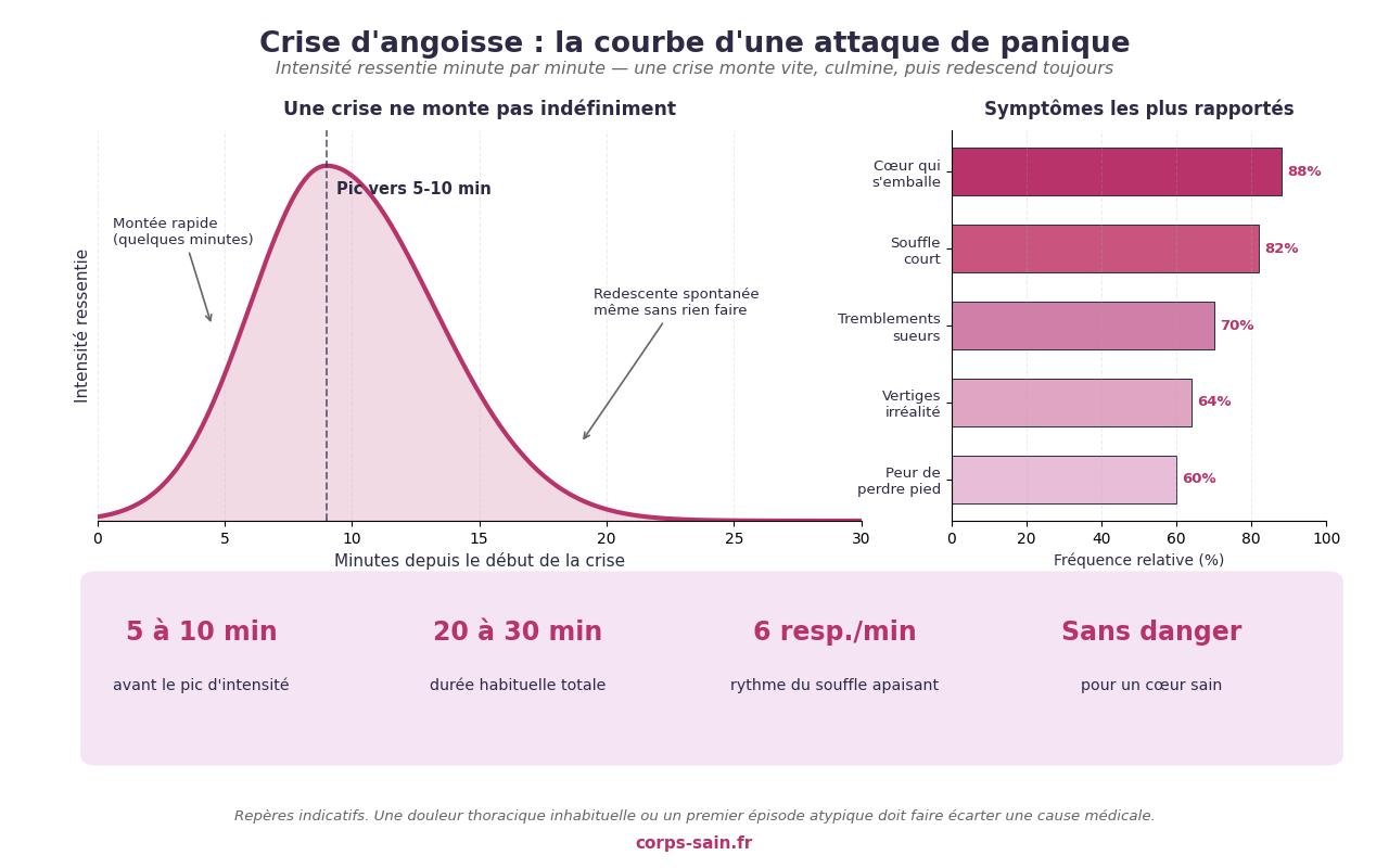 Infographie : durée d'une crise d'angoisse, pic à 5-10 minutes et redescente spontanée