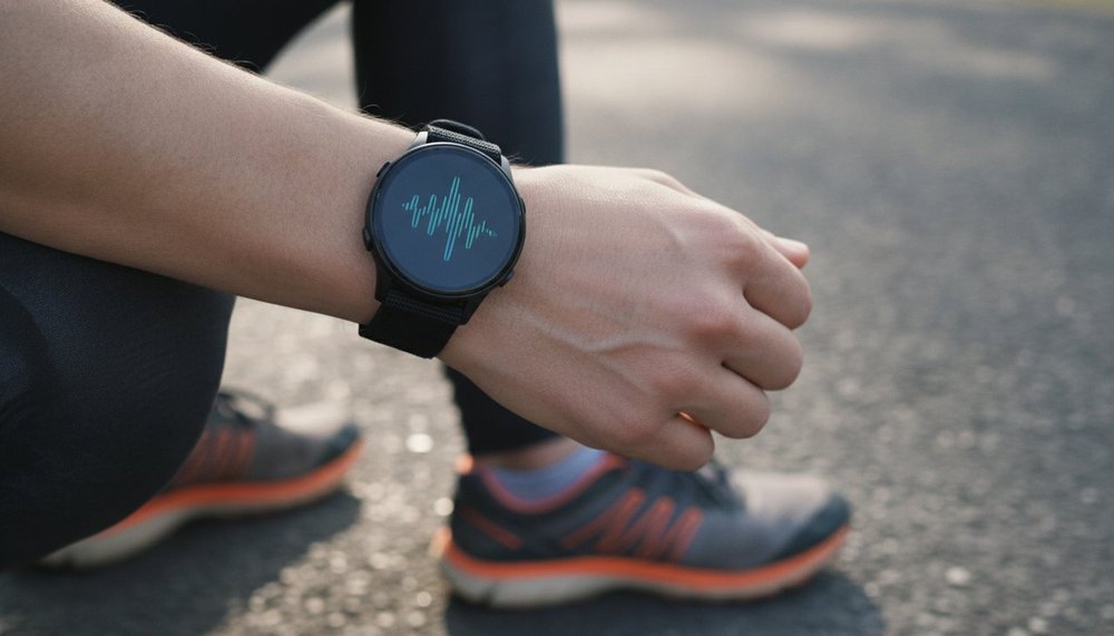 Coureur consultant sa montre GPS pour vérifier ses calories brûlées