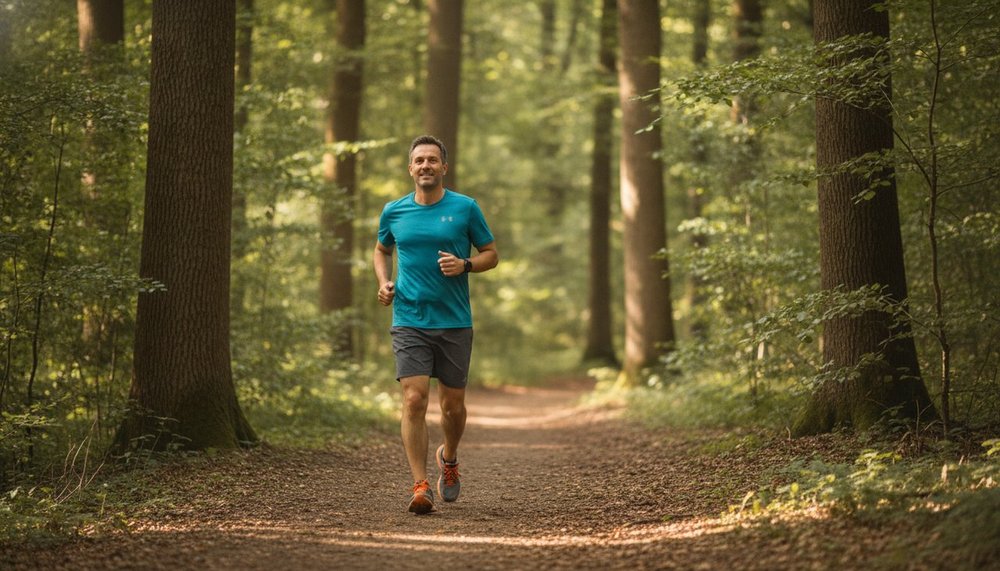 Coureur en endurance fondamentale sur un sentier forestier à allure conversationnelle