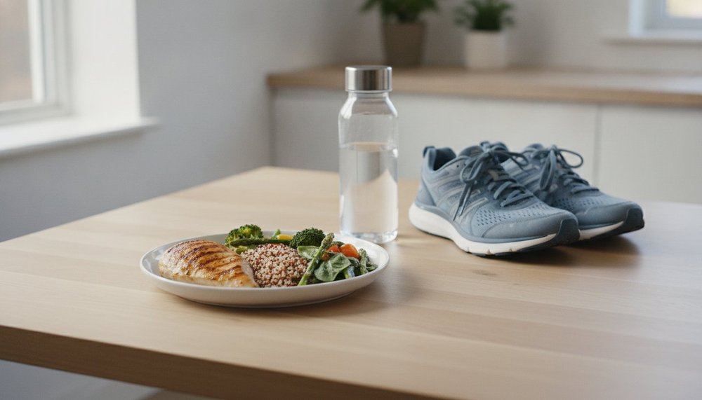 Repas équilibré riche en protéines à côté d'une paire de chaussures de running