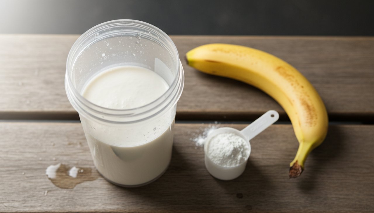 Shaker post-entraînement avec whey, créatine et banane sur banc de musculation