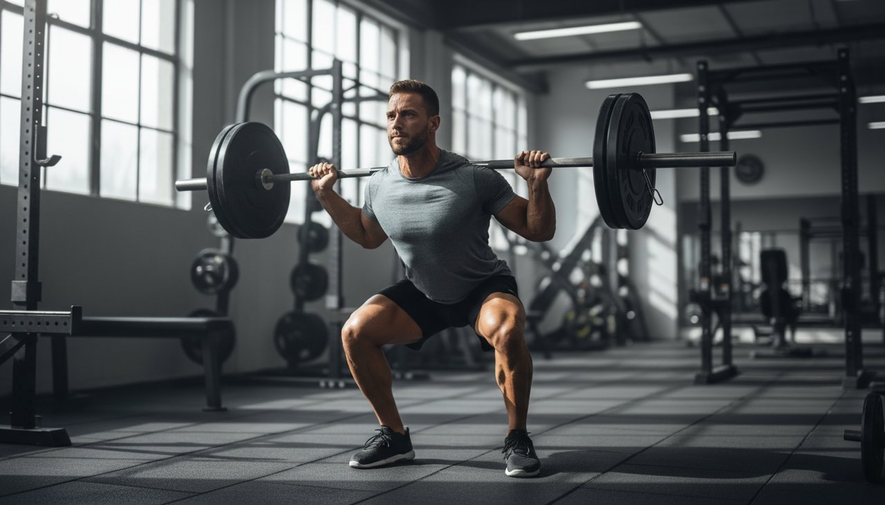 Athlète exécutant un squat barre lourd, exemple d'effort explosif où la créatine est efficace