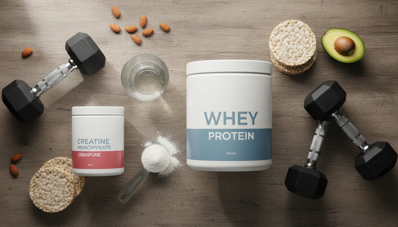 Pots de créatine monohydrate Creapure, whey protéine et scoop blanc, comparatif compléments