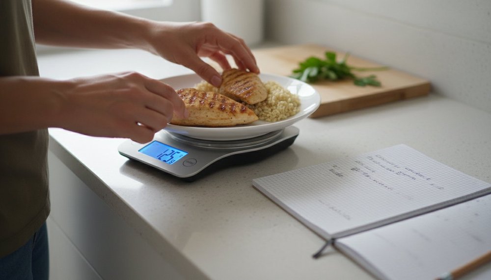 Pesée précise des portions à la balance de cuisine — étape clé du déficit calorique