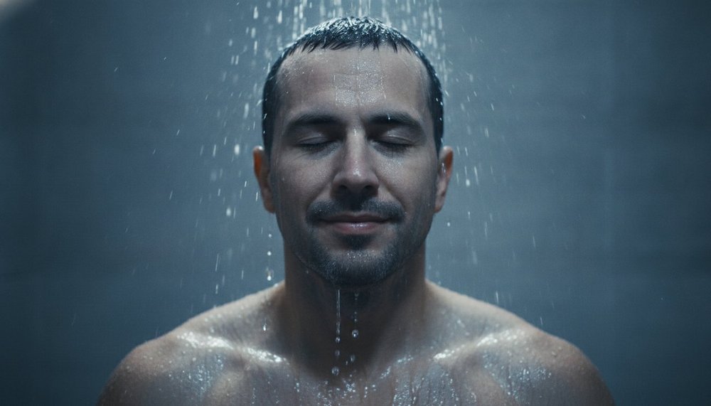 Homme sous une douche froide respirant calmement, illustration des bienfaits sur la vigilance