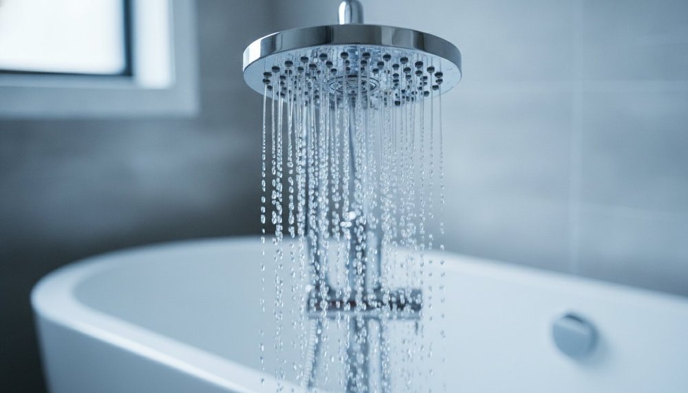 Pommeau de douche avec eau froide et thermometre, illustration de la temperature ideale