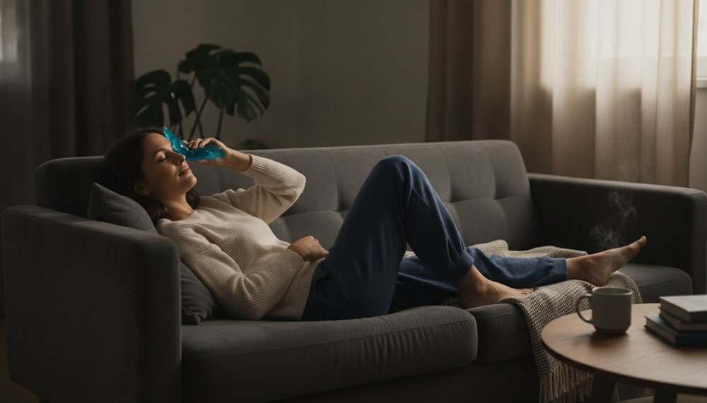 Femme appliquant une compresse froide sur sa tempe gauche pour soulager une migraine