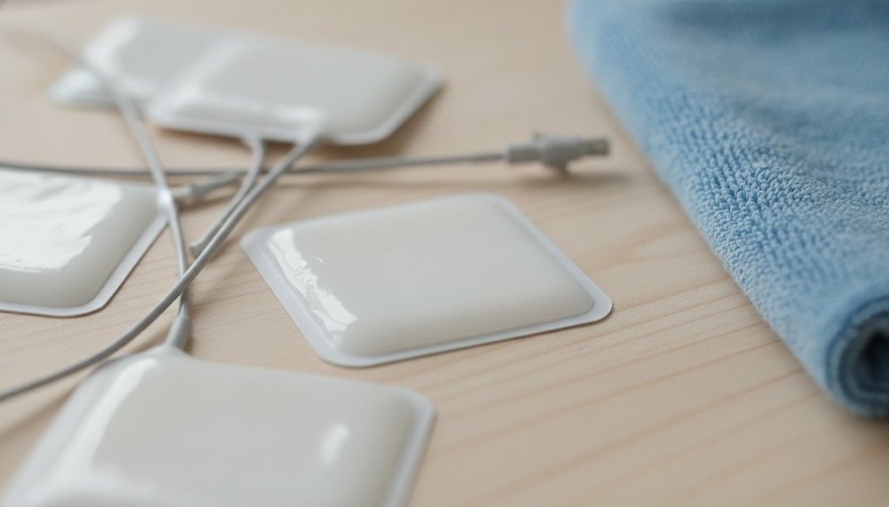 Électrodes adhésives et câbles d'un électrostimulateur posés sur une table